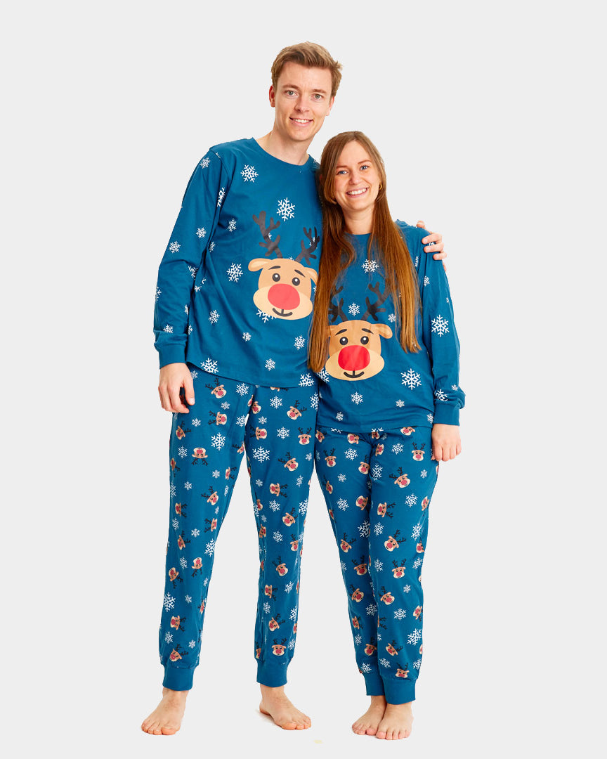 Blue Christmas Pyjama Children Womens and Mens Rudolph the Reindeer