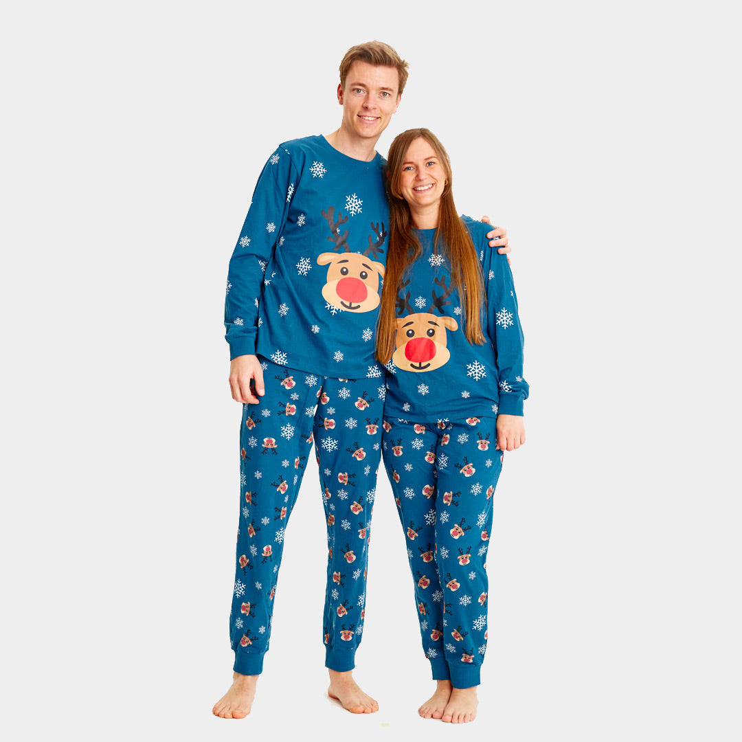 Blue Christmas Pyjama Children Womens and Mens Rudolph the Reindeer