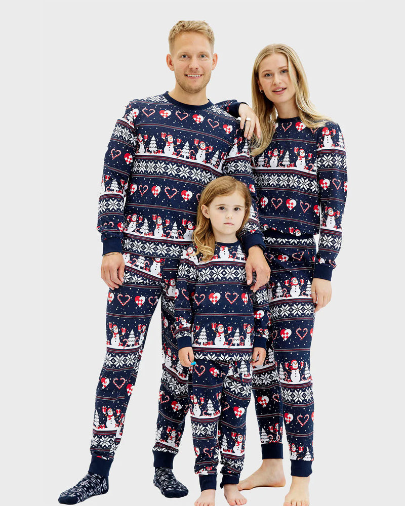 Blue Christmas Pyjama for Children with Snowmen and Hearts and Mens