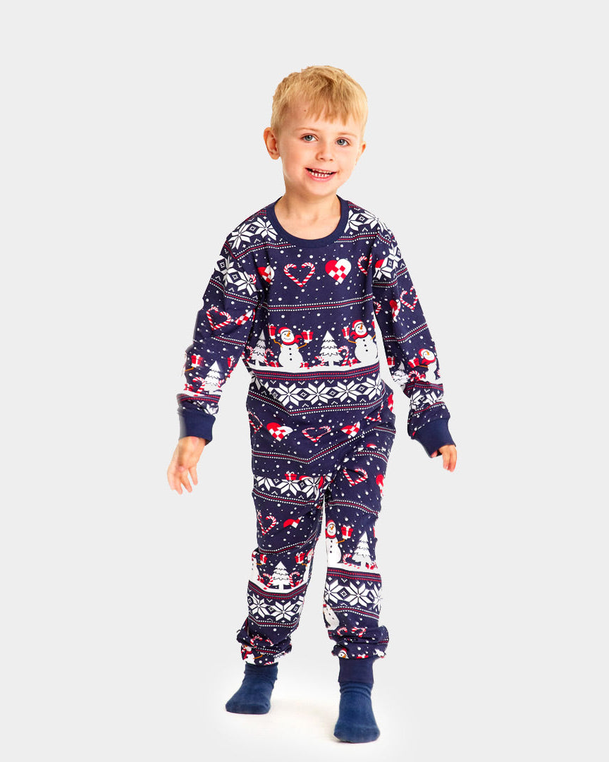 Blue Christmas Pyjama for Children with Snowmen and Hearts