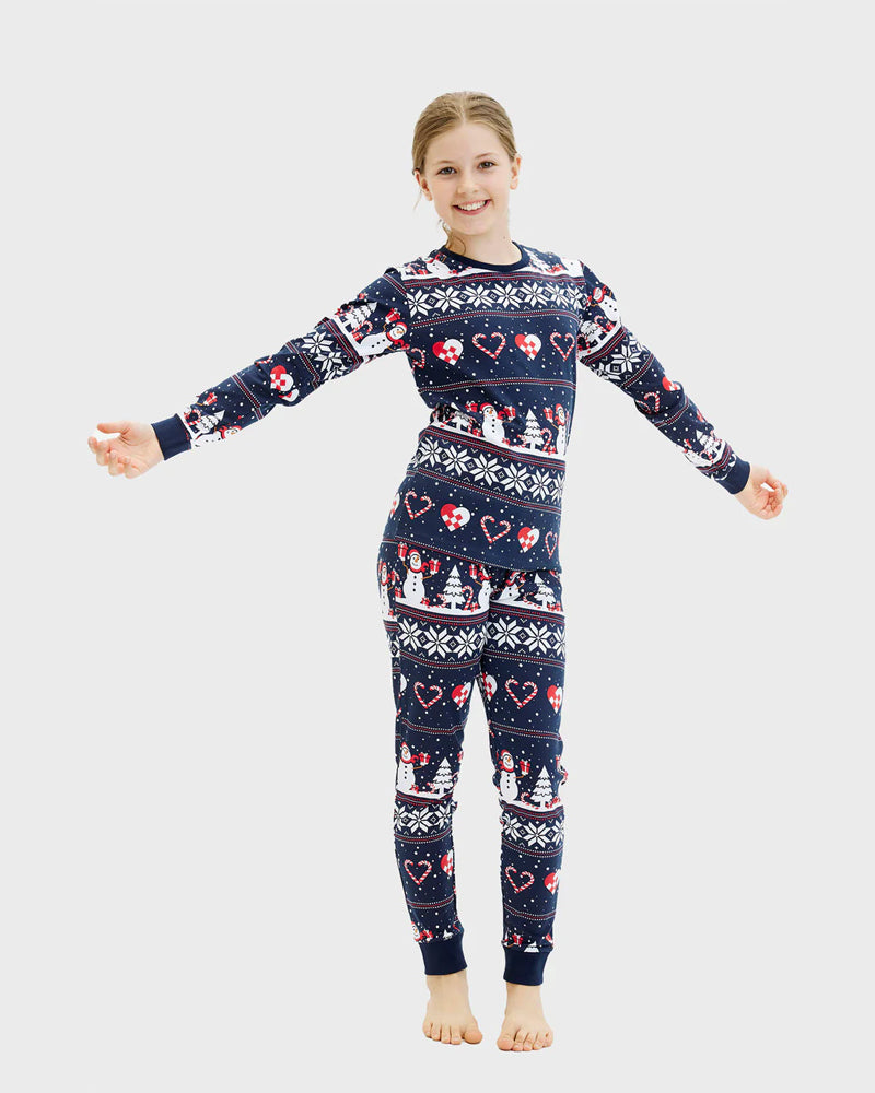 Blue Christmas Pyjama Family and Children Snowmen and Hearts