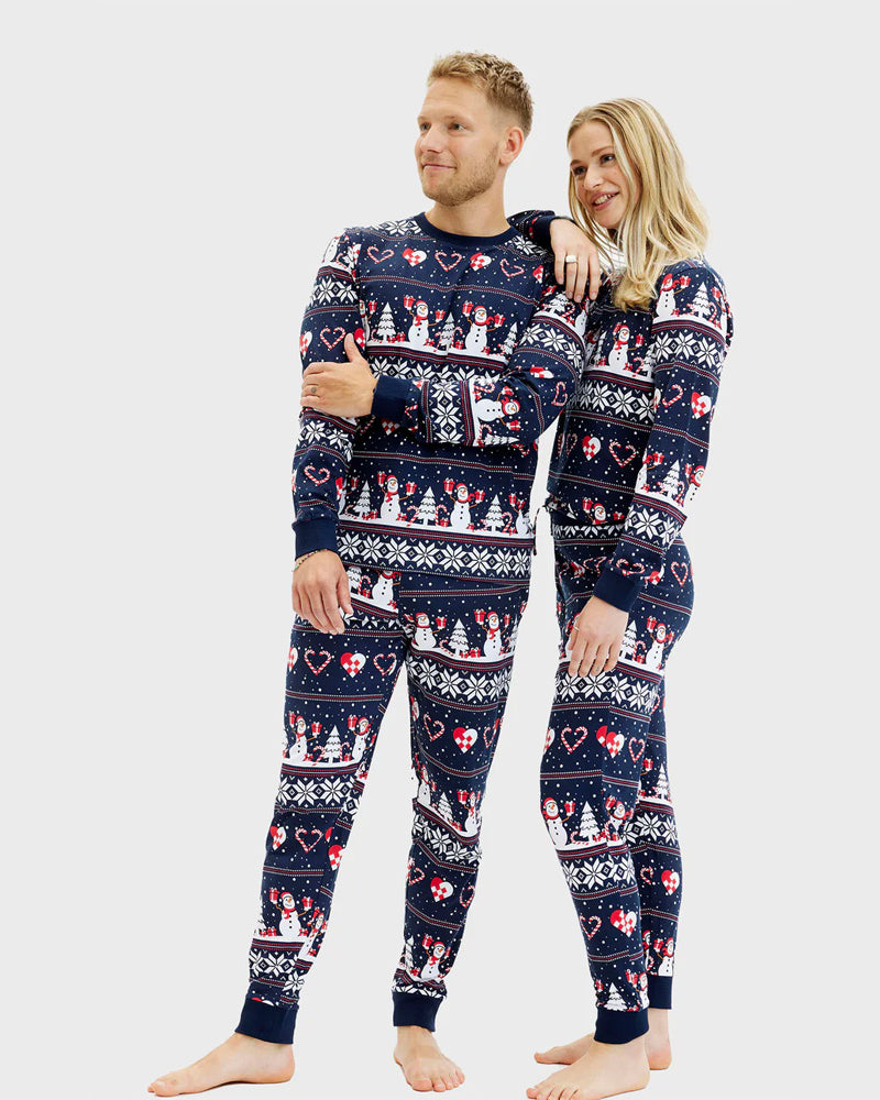 Blue Christmas Pyjama Family Womens and Mens Snowmen and Hearts