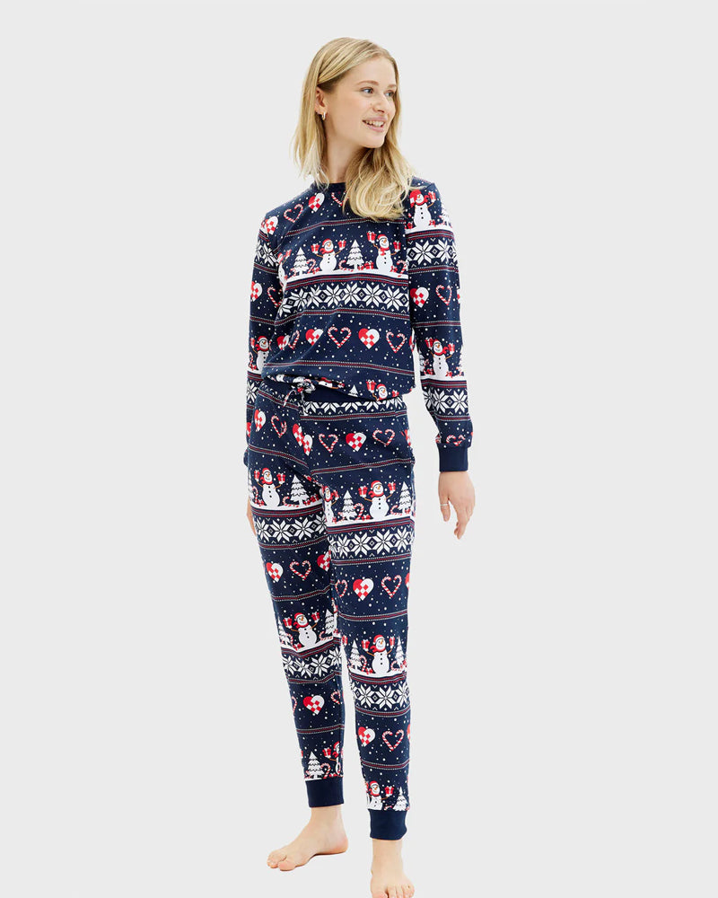 Blue Christmas Pyjama for Family with Snowmen and Hearts Womens