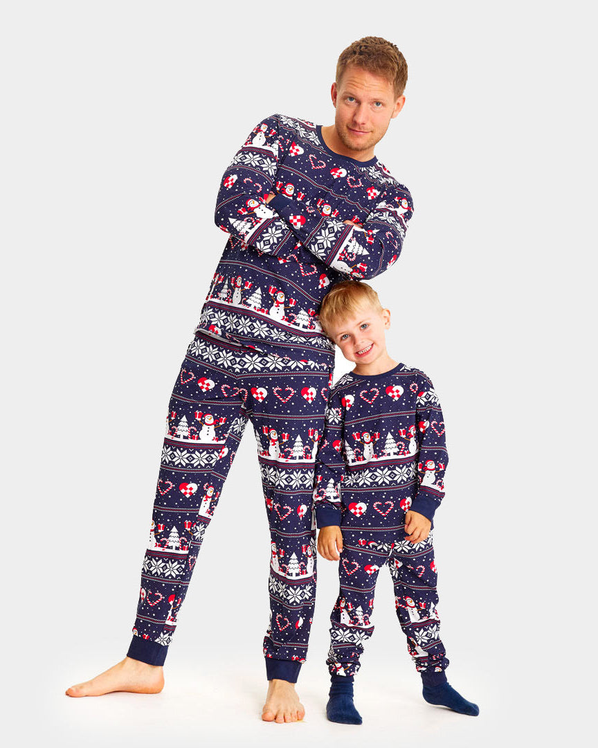 Blue Christmas Pyjama for kids Men with Snowmen and Hearts