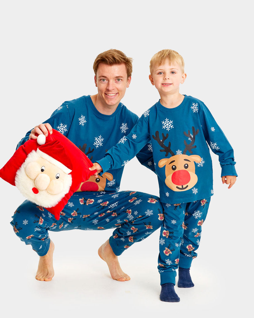 Blue Christmas Pyjama Mens and Children Rudolph the Reindeer