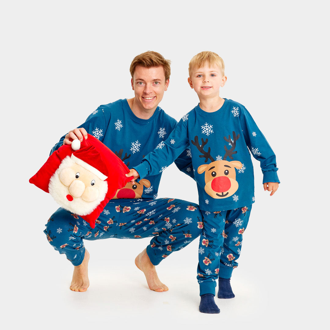 Blue Christmas Pyjama Mens and Children Rudolph the Reindeer