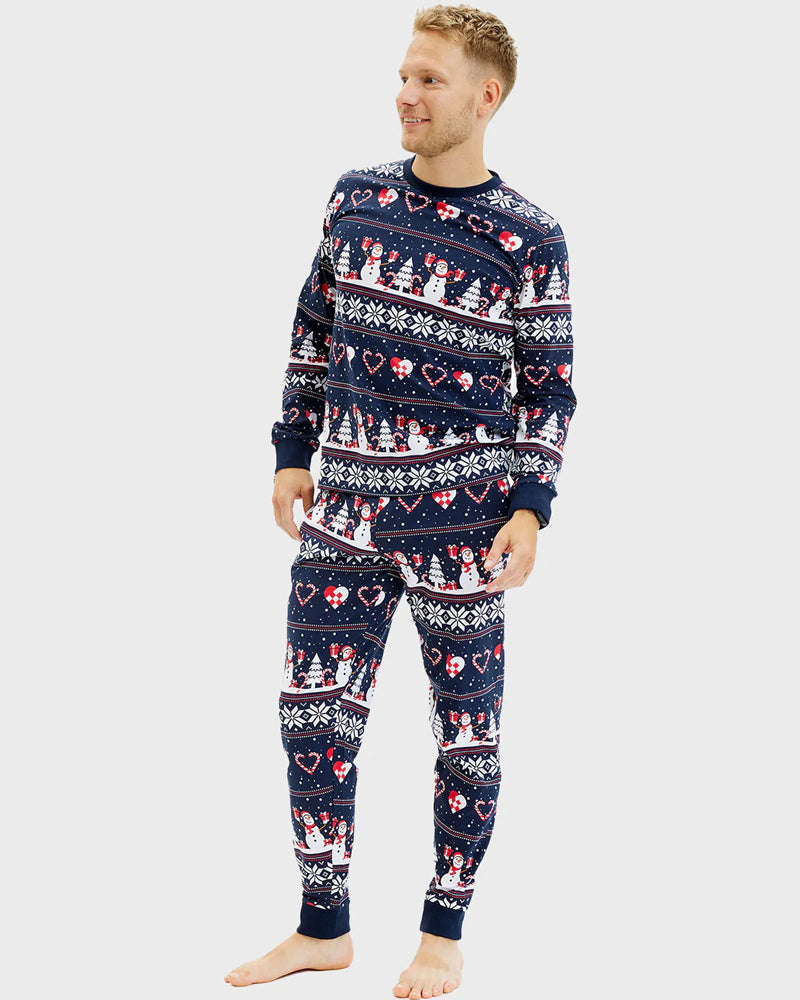 Blue Christmas Pyjama for Men Snowmen and Hearts