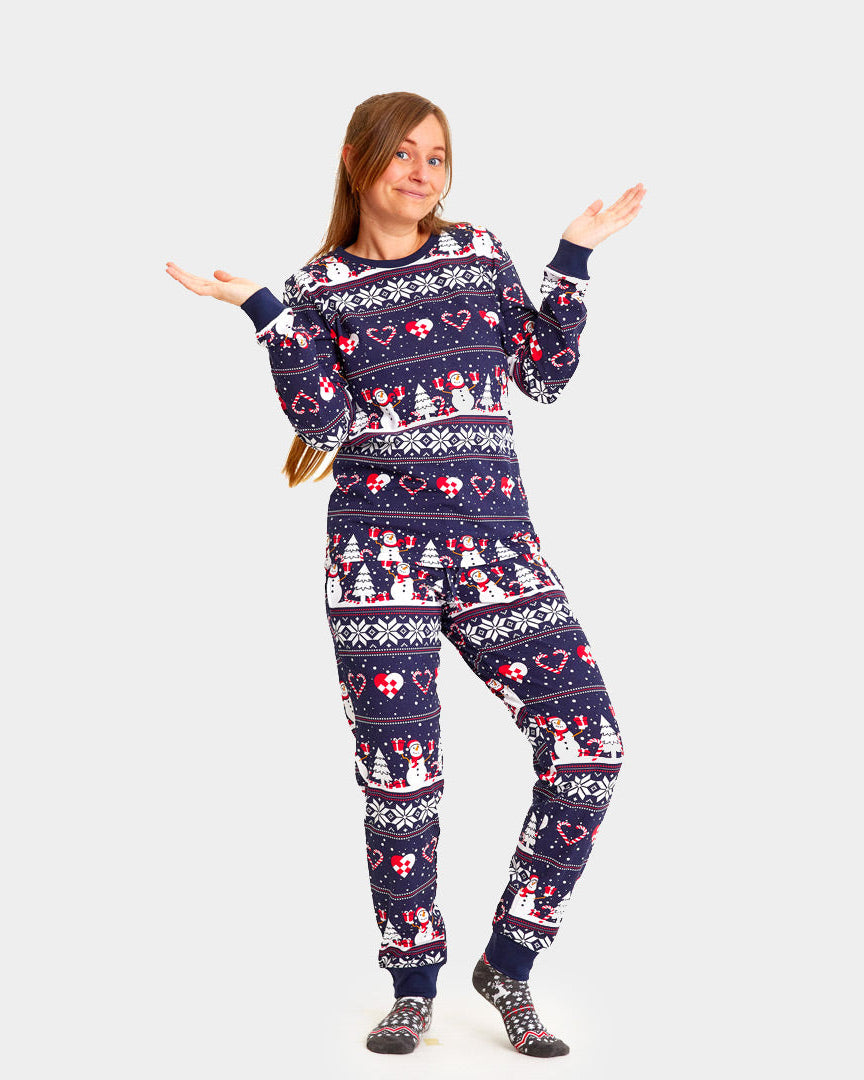 Blue Christmas Pyjama for Women with Snowmen and Hearts