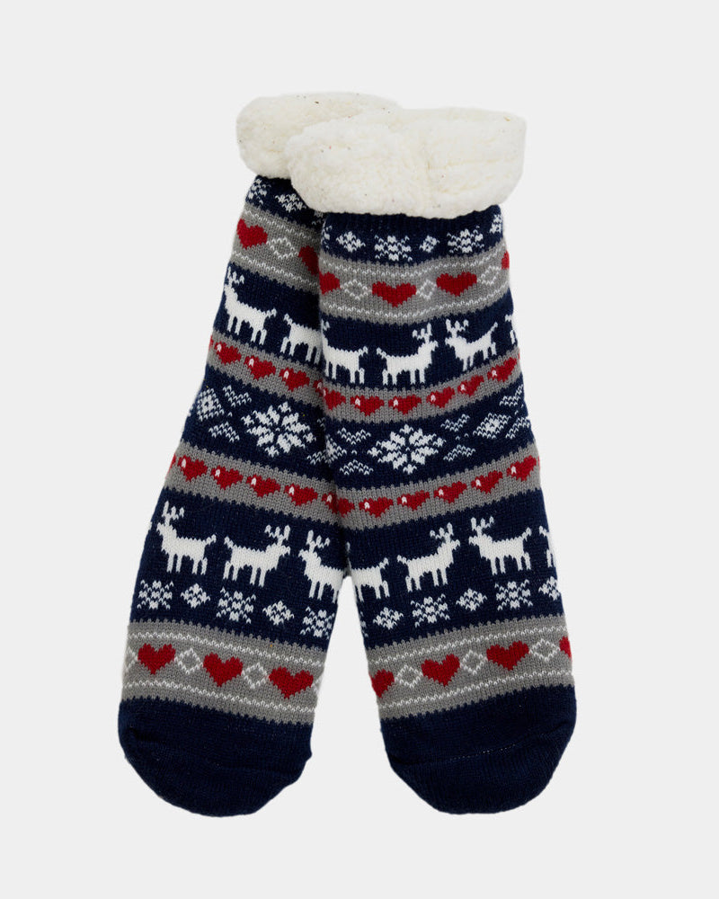 Blue Rubber Sole Christmas Socks with Reindeers and Hearts