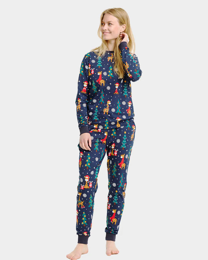 Christmas Pyjama for Women with Giraffes Blue