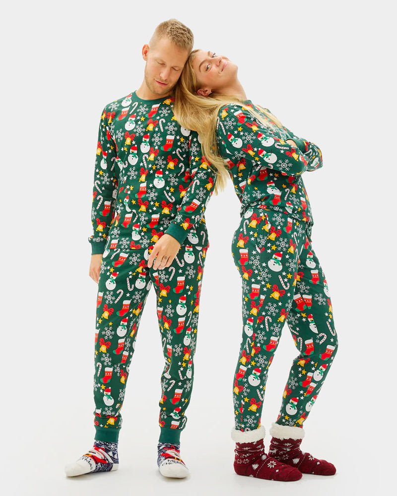 Green Christmas Pyjama Family Womens and Mens Christmas motifs