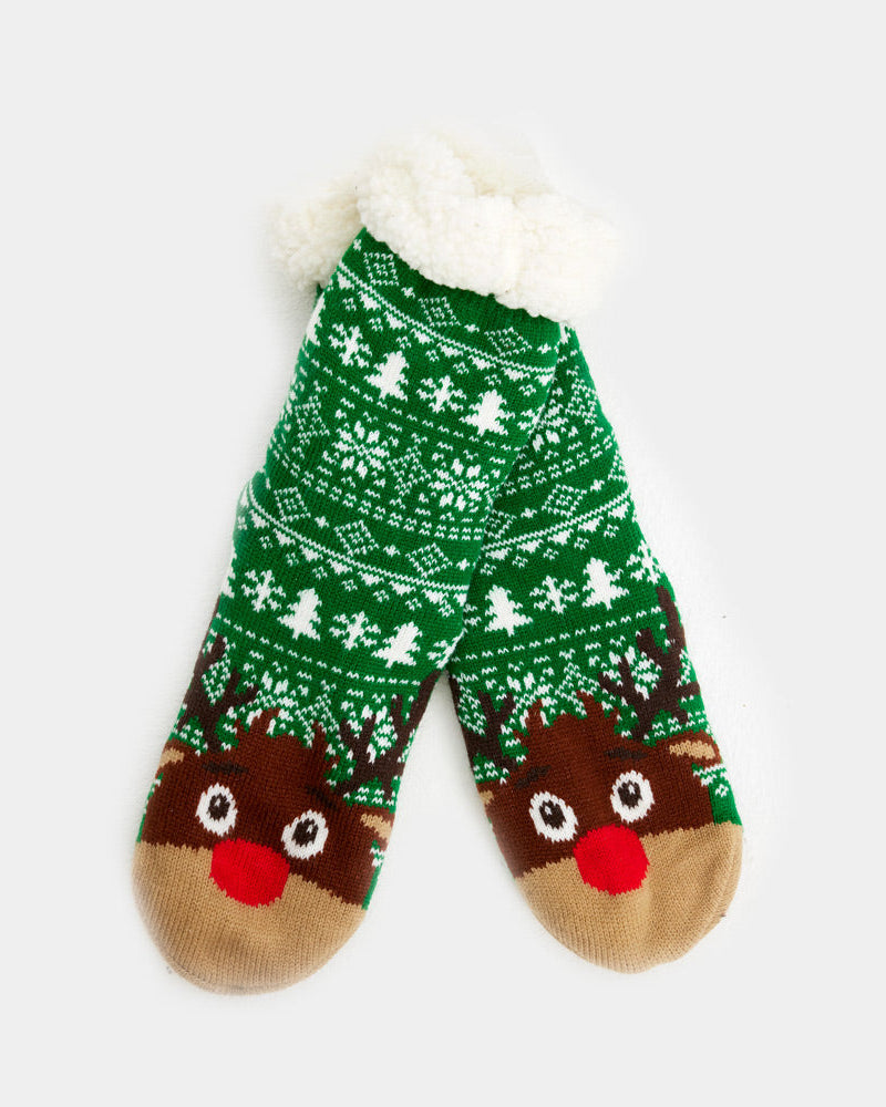 Green Rubber Sole Christmas Socks with Trees and Reindeer