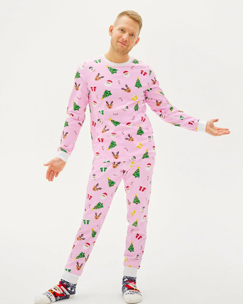 Pink Christmas Pyjama Men Family with Christmas Motifs
