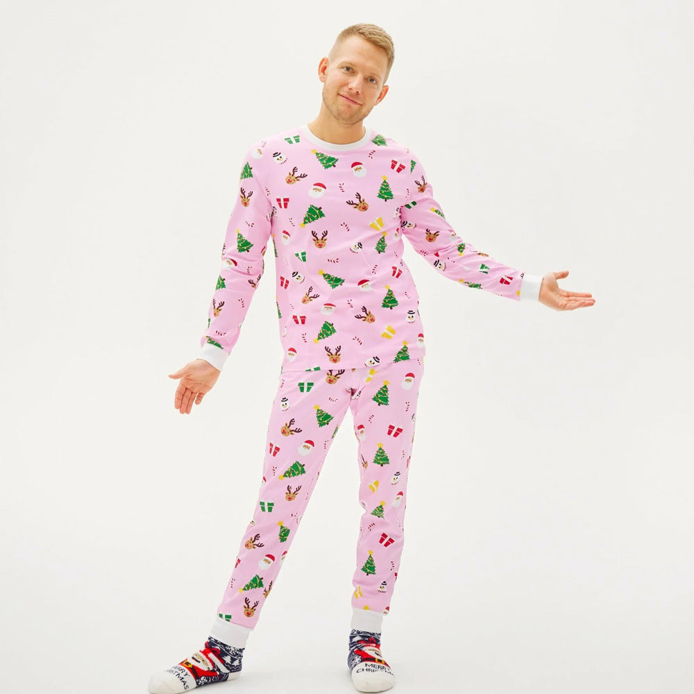 Pink Christmas Pyjama Men Family with Christmas Motifs