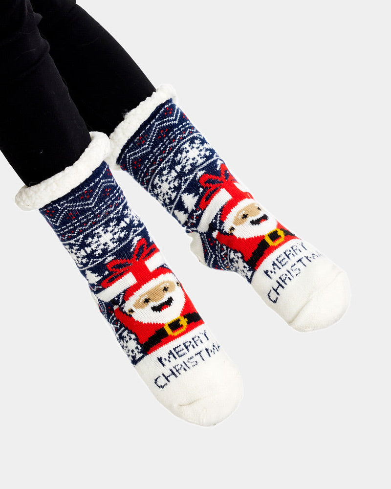 Rubber Sole Christmas Socks Santa with a Gift Womens and Mens