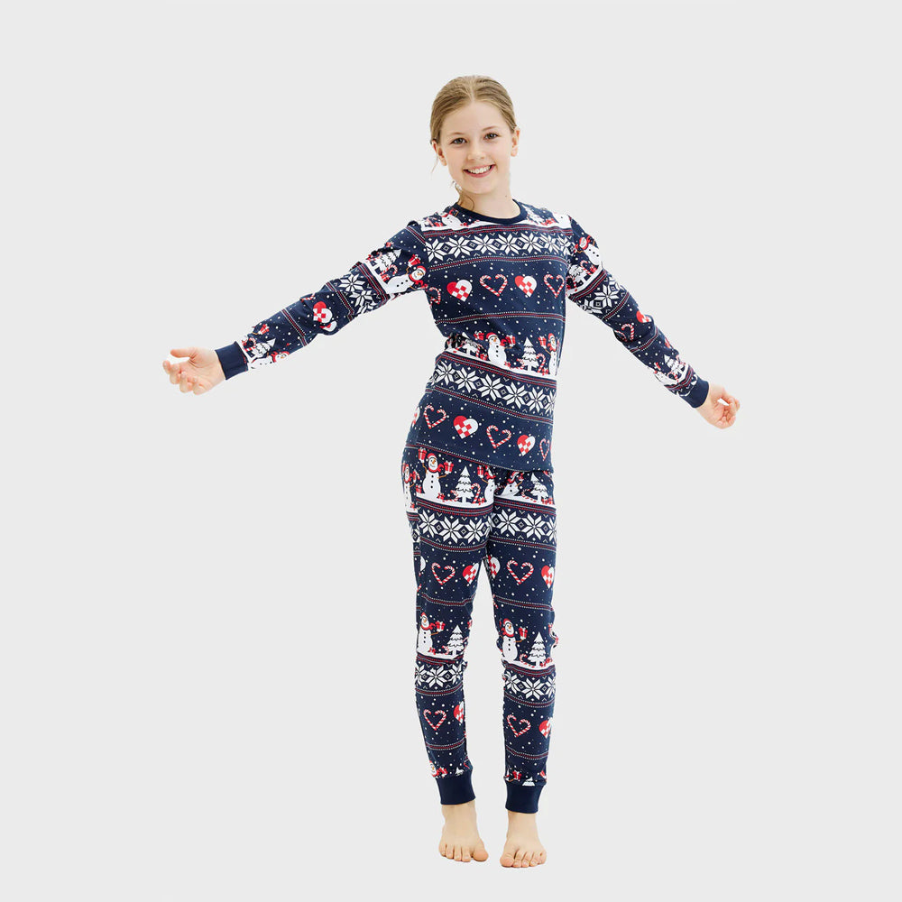 Blue Christmas Pyjama Family and Children Snowmen and Hearts
