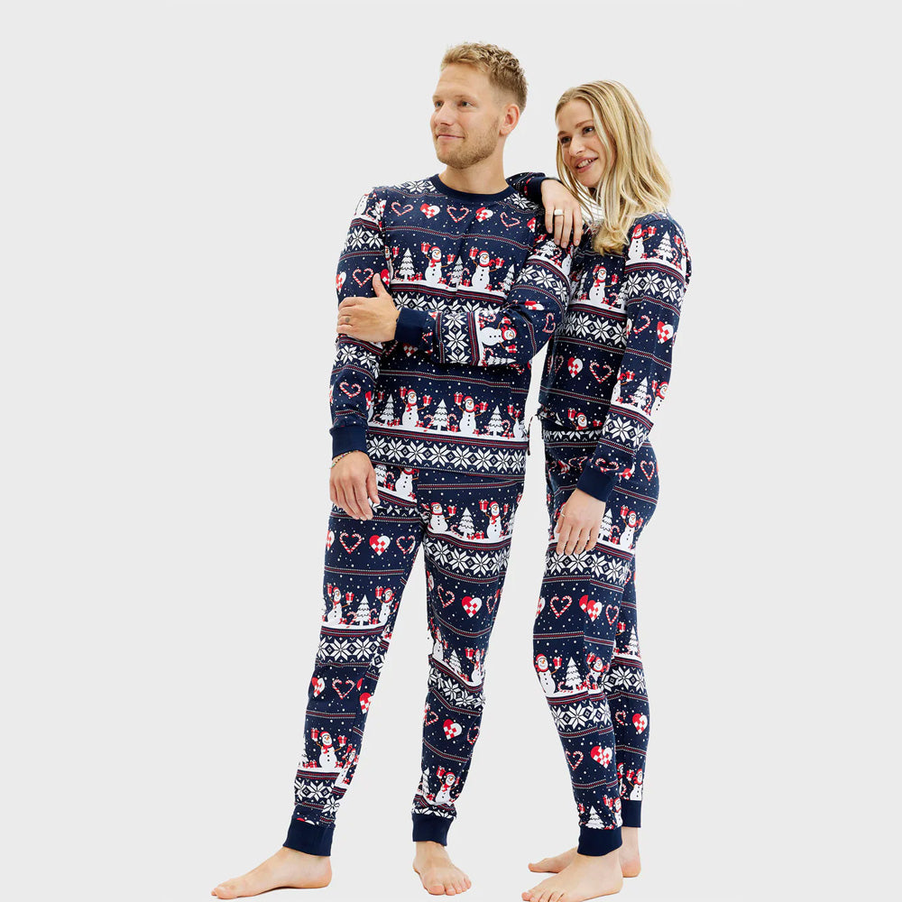 Blue Christmas Pyjama Family Womens and Mens Snowmen and Hearts

