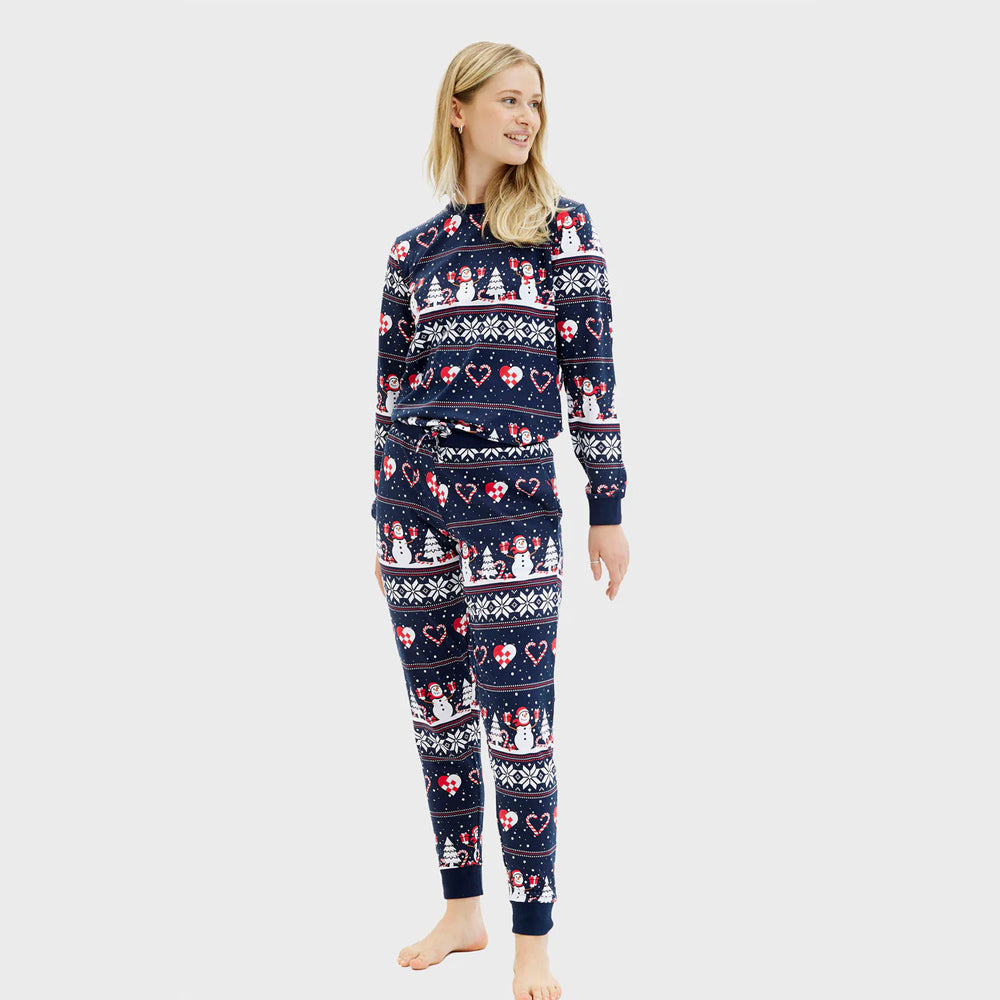 Blue Christmas Pyjama for Family with Snowmen and Hearts Womens